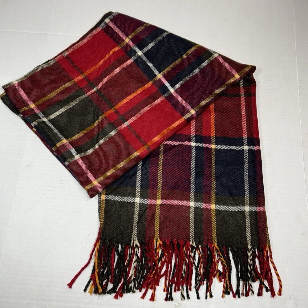 29 Palms Long Red Green Plaid Blanket Scarf with Fringe Unisex Size 26”x78”